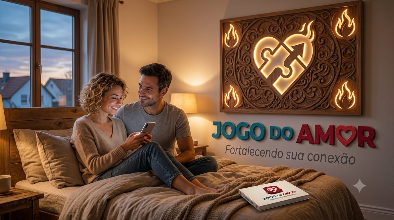 Casal relaxado na cama, olhando o Jogo do Amor no celular, com um quadro decorativo do logo na parede
